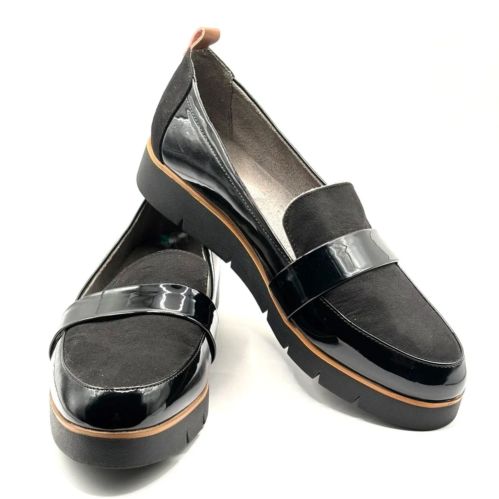 Dr Scholls Watson Womens 8M Black Patent Suede Platform Loafers Lug Sole Shoes‎